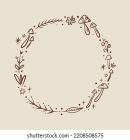 Floral frame or wreath mushroom, goblincore, witchcore, fairycore style aesthetic decor elements. Cartoon doodle text template in woodland forest style. Vector and jpg printable image, unique boho