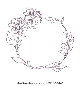 Floral Frame. Wreath with stylized flowers. Rose, peony flowers. Decorative element for holiday design. Isolated vector illustration. Spring time style. Continuous line art drawing.