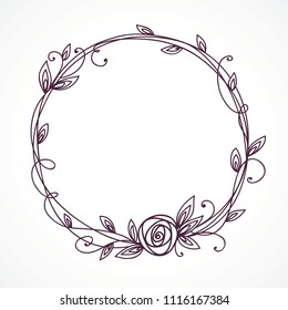 Floral Frame. Wreath with stylized rose and leaves. Decorative simple floral elements for design. Isolated illustration.