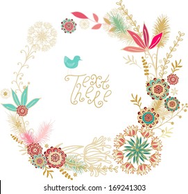 Floral frame, floral wreath  with summer flowers on white background