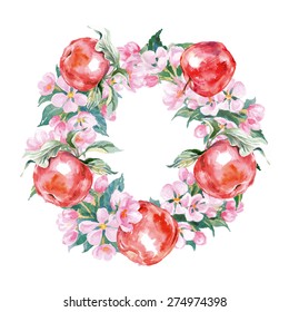 Floral Frame.  A wreath of watercolor Apple, and Apple flowers.   Perfect for wedding invitations and birthday cards. Template Vector.