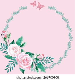 Floral Frame.  A wreath of watercolor roses.  Perfect for wedding invitations and birthday cards. Template Vector.