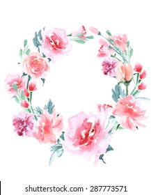 Floral Frame.  A wreath of watercolor roses.  Perfect for wedding invitations and birthday cards. Template Vector.