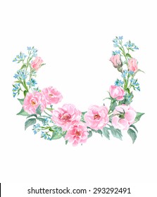 Floral Frame.  A wreath of watercolor wild roses.  Perfect for wedding invitations and birthday cards. Template Vector.