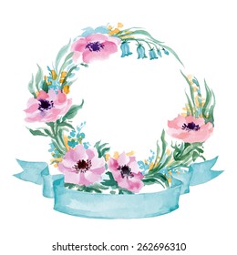 Floral Frame.  A wreath of watercolor wildflowers.  Perfect for wedding invitations and birthday cards. Template Vector.