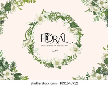 Floral frame with wreath. Wedding invitation with greenery. Rustic botanical label.