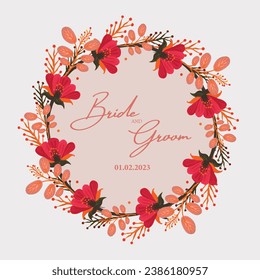 Floral frame wreaths with bright colorful pink flowers, leaves and pollen with a place for texts.