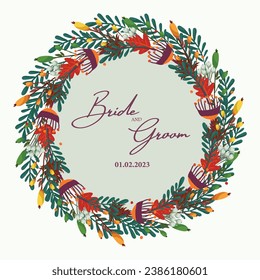 Floral frame wreaths with a combination of colorful leaves, pollen and dandelions with a place for texts.