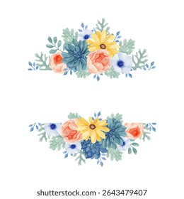 Floral Frame with Yellow Daisy, Ranunculus, succulent, eucalyptus and dusty miller leaves. Watercolor handrawn floral perfect for wedding