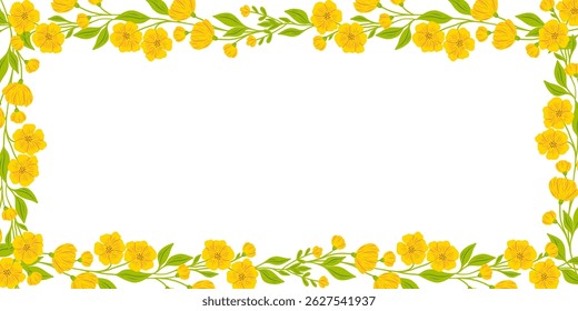 Quadro floral com flores silvestres amarelas. Design botânico, decoração horizontal. Flores, folhas, natureza de verão. Prado flores silvestres mistura, decoração. Ilustração de vetor plano isolada em fundo branco.