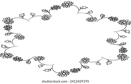 floral frame for your design, flower frame ring, daisy garland black and white line hand drawn in block line