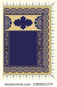 Blumenrahmen für Ihr Design. Traditionelles islamisches Design. Eleganter Hintergrund mit Texteingabebereich in einer Mitte. Premium-Vektorgrafik-Vorlage A4. Geeignet für Grußkarte, Poster, Einladung 