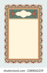 Floral Frame for your design. Traditional Islamic Design. Elegance Background with Text input area in a center. Premium A4 vector illustration template. Suitable for greeting card, poster, invitation 