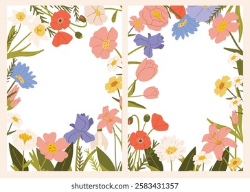 Floral framed card design. Spring cards set with flowers. Floral botanical elements with tulips, snowdrops, crocuses, lilies, poppy, daffodil, anemone. Vector illustration