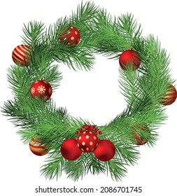 Floral frames and backgrounds design. Christmas Wreath with fir twigs and red balls naturalistic looking pine branches. Holiday cards and invitations. 