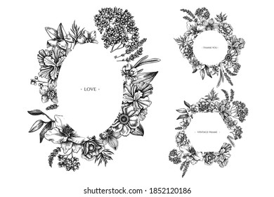 Floral frames with black and white anemone, lavender, rosemary everlasting, phalaenopsis, lily, iris