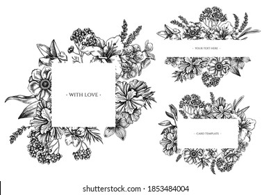 Floral frames with black and white anemone, lavender, rosemary everlasting, phalaenopsis, lily, iris