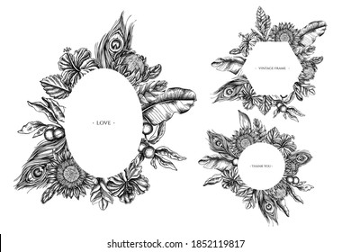 Floral frames with black and white banana palm leaves, hibiscus, solanum, bromeliad, peacock feathers, protea