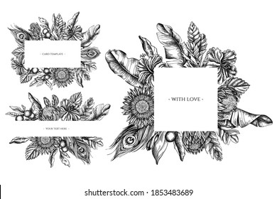 Floral frames with black and white banana palm leaves, hibiscus, solanum, bromeliad, peacock feathers, protea