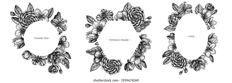 Floral frames with black and white hibiscus, plum flowers, peach flowers, sakura flowers, magnolia flowers, camellia japonica