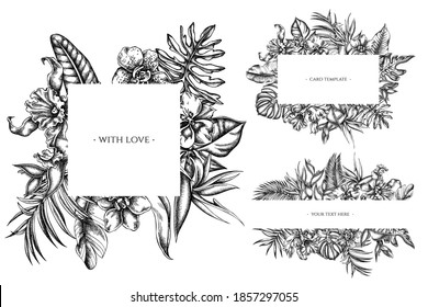 Floral frames with black and white monstera, banana palm leaves, strelitzia, heliconia, tropical palm leaves, orchid