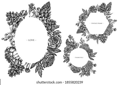 Floral frames with black and white peony, carnation, ranunculus, wax flower, ornithogalum, hyacinth