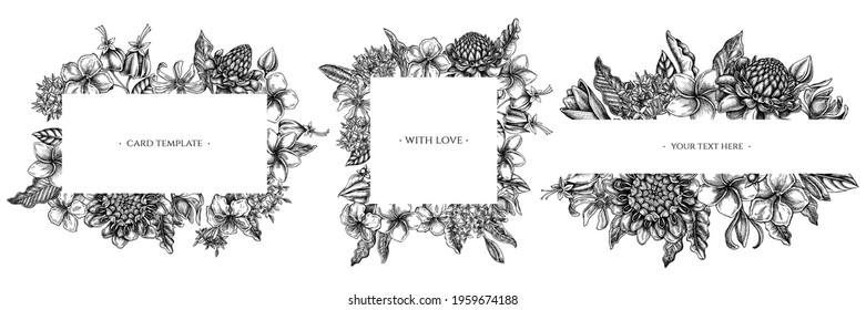 Floral frames with black and white plumeria, allamanda, clerodendrum, champak, etlingera, ixora