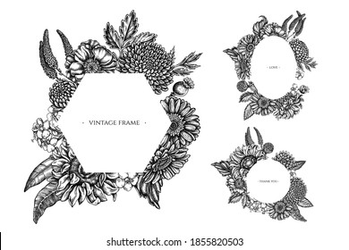 Blumenrahmen mit schwarz-weißer Mohnblume, Gerbera, Sonnenblumen, Milchkraut, Dahlien, Veronica