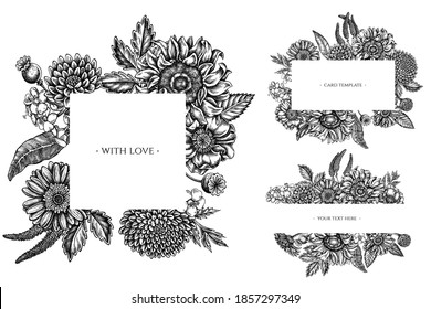 Floral frames with black and white poppy flower, gerbera, sunflower, milkweed, dahlia, veronica