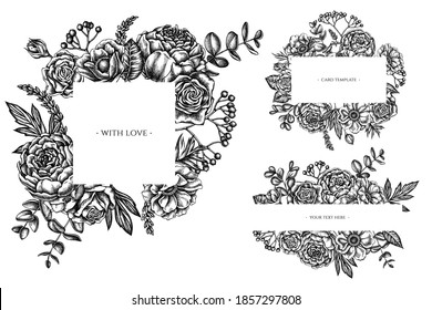 Floral frames with black and white roses, anemone, eucalyptus, lavender, peony, viburnum