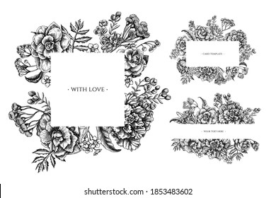 Floral frames with black and white wax flower, forget me not flower, tansy, ardisia, brassica, decorative cabbage
