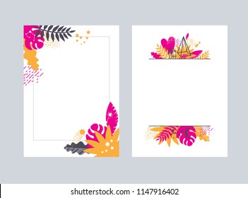 Floral frames, borders and conners with yellow and pink leaves of tropical trees. Decor Heart, stars, constellations. For invitations, cards for wedding Day, Mother's Day, Birthday, Women's day