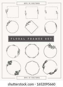 Floral frames and borders vector collection. Isolated botanical graphic elements for design projects and your creativity. Delicate circle frames for wedding invitations, posters, feminine designs.