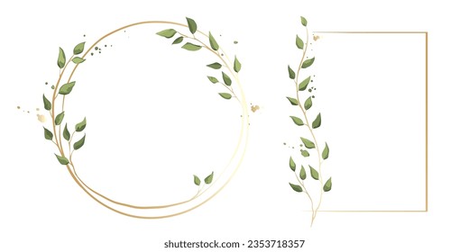 Floral frames with branches and leaves. Vector illustration in a watercolor style for Wedding invitation, a frames of green leaves and gold borders.	