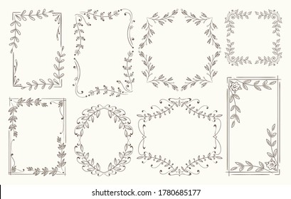 Floral frames branches line sketch. Branch with leaves frame set, borders from nature herbs vector illustration, plant elements and flowers ornaments decoration collection