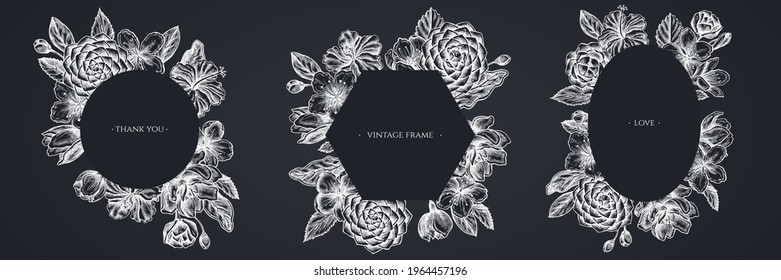 Floral frames with chalk hibiscus, plum flowers, peach flowers, sakura flowers, magnolia flowers, camellia japonica