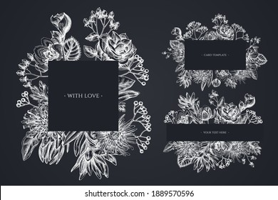 Blumenrahmen mit Kreideviburnum, Hypericum, Tulpe, aster, Leucadendron, Amaryllis