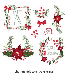 Floral Frames For Christmas Holiday Cards With Flowers And Berries. Vector Illustration, Isolated On White Background.