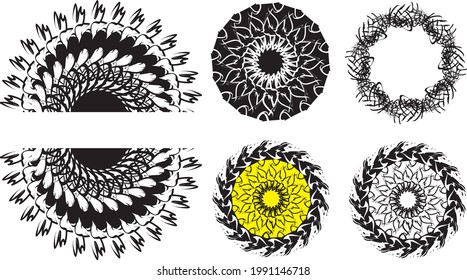 Marcos florales o círculos sobre blanco para vacaciones y eventos. Marcos o flores detallados en tonos negros y amarillos para fondos y texturas, emblemas, logotipos, impresiones, papel pintado, textiles, bordados