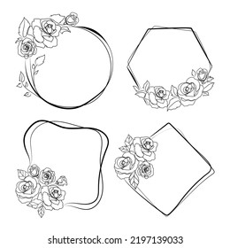 Floral frames collection of different shapes,line art drawing vector template.Wreath frames with roses flowers for wedding invitation and cards, logo design and posters template. Elegant style