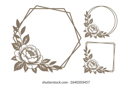 Floral frames collection. Monogram frames with peony flowers. Elegant and delicate florals.
