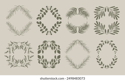 Floral frames collection with silhouettes of branches and leaves.  Vector flower wreaths set