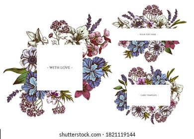 Floral frames with colored anemone, lavender, rosemary everlasting, phalaenopsis, lily, iris