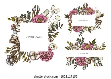 Floral frames with colored ficus, eucalyptus, peony, cotton, freesia, brunia