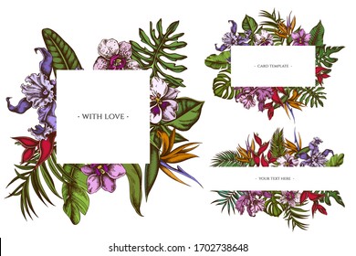 Floral frames with colored monstera, banana palm leaves, strelitzia, heliconia, tropical palm leaves, orchid