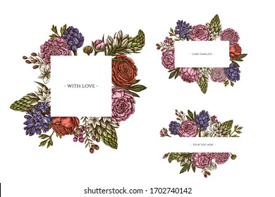 Marcos florales con peonía colorada, clavel, ranunculus, flor de cera, ornitogalum, jacinto