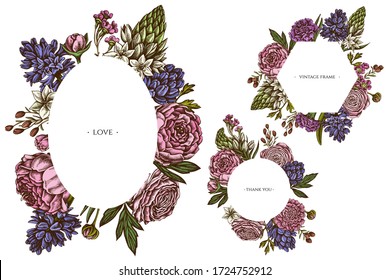 Marcos florales con peonía colorida, clavel, ranunculus, flor de cera, ornitogalum, jacinto