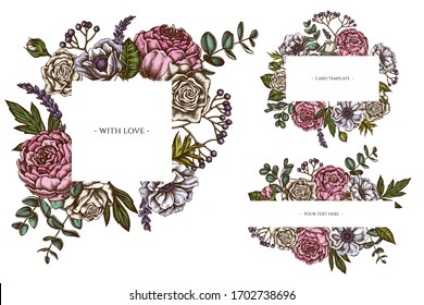 Floral frames with colored roses, anemone, eucalyptus, lavender, peony, viburnum