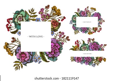 Marcos florales con flor de cera de color, olvídenme no flor, tansy, ardisia, brassica, col decorativa
