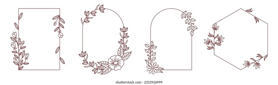 Floral Frames Decorative Elements Elegant Linear Borders with Flowers and Leaves Isolated on White Background. Decor for Wedding Cards, Scrapbook, Invitations, Photo. Cartoon Vector Illustration